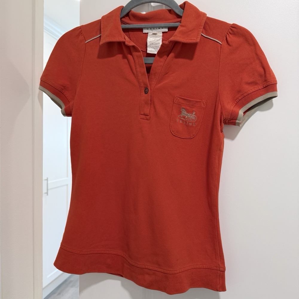 Vintage Celine Women's Polo Shirt Orange Short Sleeve Pocket Top Size S Cotton